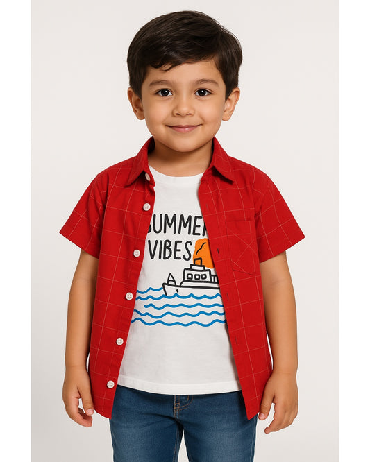 Summer Vibes Set ,Red check shirt Graphic Tee
