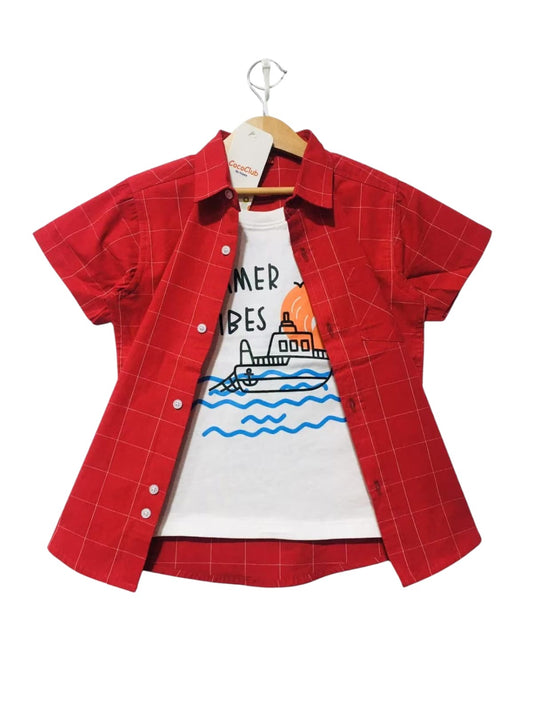 Summer Vibes Set ,Red check shirt Graphic Tee